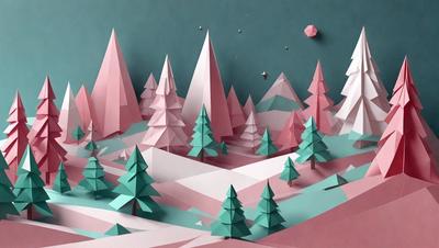 The primary subject of the image is a snowy landscape with a forest of pink and green trees. The setting is a wintery environment with a dark sky, and the visual style is a combination of digital art and illustration. The colors and mood of the image are predominantly pink and green, creating a serene and peaceful atmosphere.